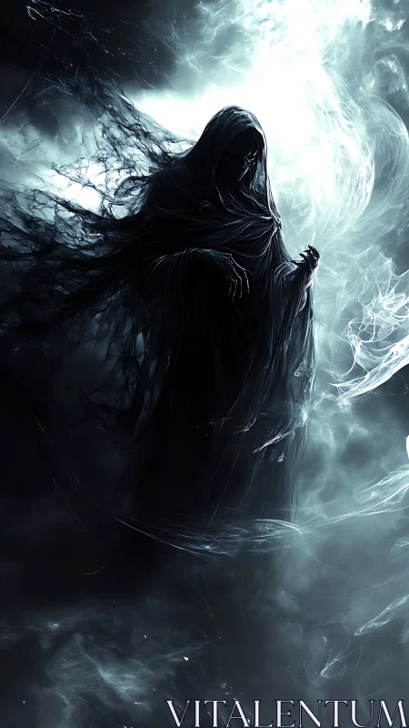 Shadowed wraith emerges from swirling ethereal storm veil
