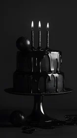 Dark Celebration Cake With Three Flickering Candles and Ornaments
