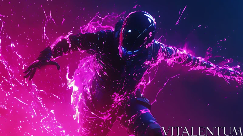 Neon-splashed cyber runner erupts through electric magenta storm.