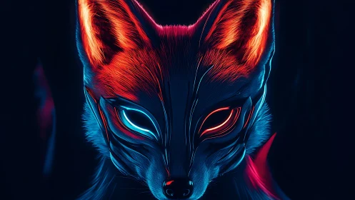 Neon twilight fox spirit with bi-colored cyberpunk gaze.