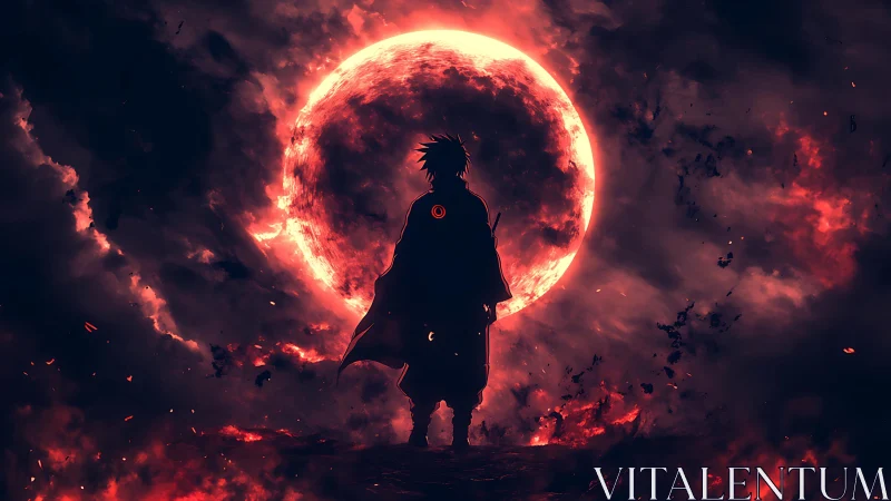 Anime silhouette before apocalyptic crimson eclipse skyscape.