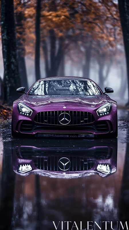 Crimson supercar stalks a misty autumn road, twin in water.