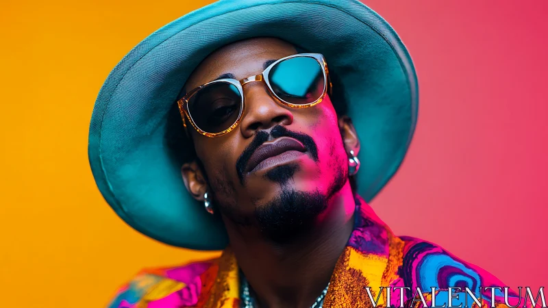 Stylish portrait shows man in hat against vivid bicolor background