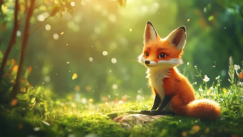High-bokeh forest vignette of stylized young fox character.