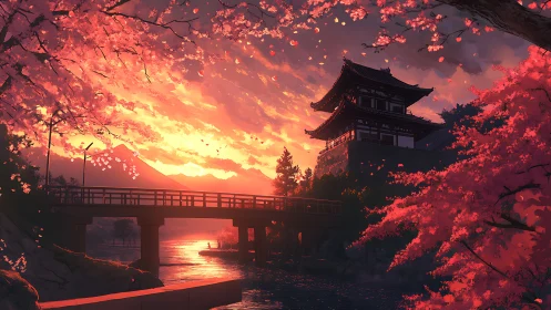 Golden sunset temple tucked among drifting cherry petals.