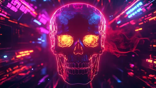 Neon cyber skull hovers in a glowing tunnel of electric light.