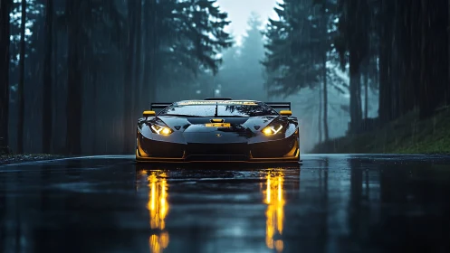 Supercar glows on a rain-soaked forest road at twilight