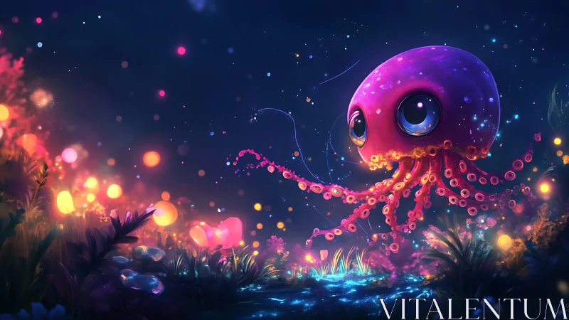 Bioluminescent microcephalopod drifting through neon reef twilight.