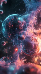 Glowing liquid bubbles swirling in a dark cosmic space.