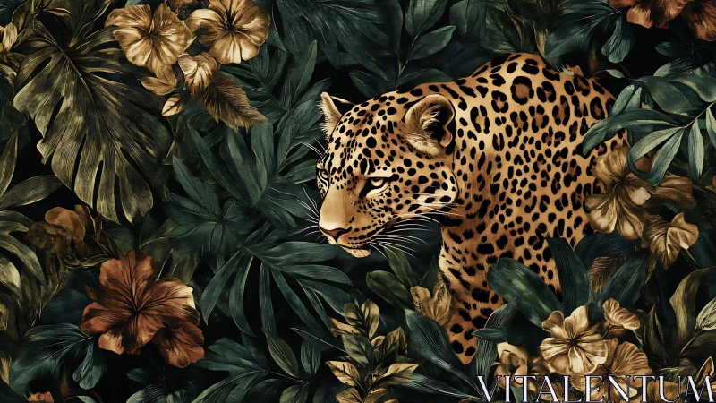 Golden leopard hidden in lush twilight jungle blooms.