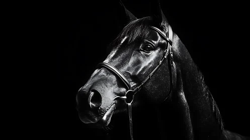 Midnight stallion emerges from shadow in glistening profile.