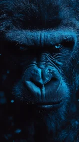 Close frontal portrait of gorilla face in blue lighting.