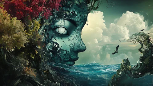 Nature formed female face emerges between forest and sea