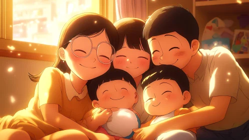 Smiling family of five sits closely together in warm sunlight