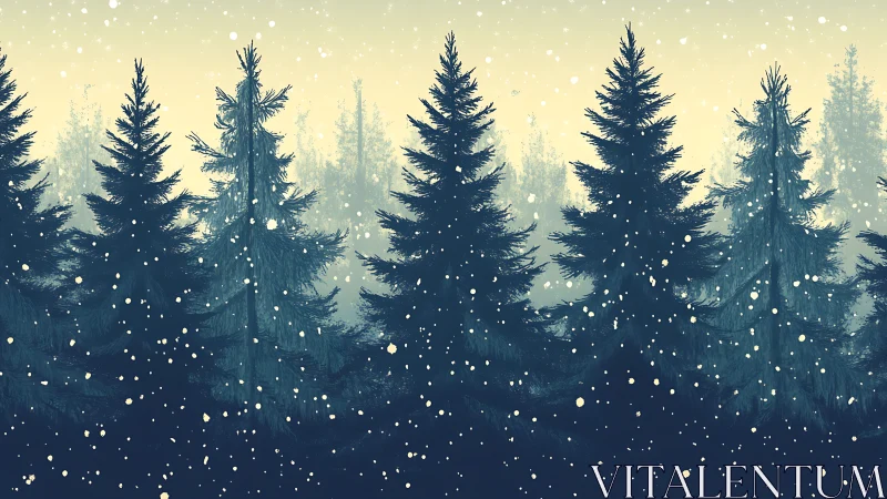 Snow-dusted evergreen forest silhouettes in soft dusk light.