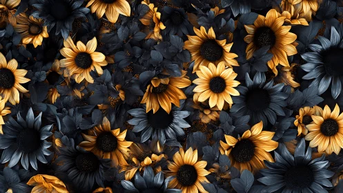 Golden and Black Flowers Dense Composition.