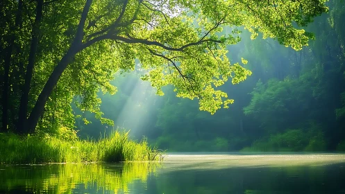Serene Forest Lake with Sunbeams in Lush Green Landscape.