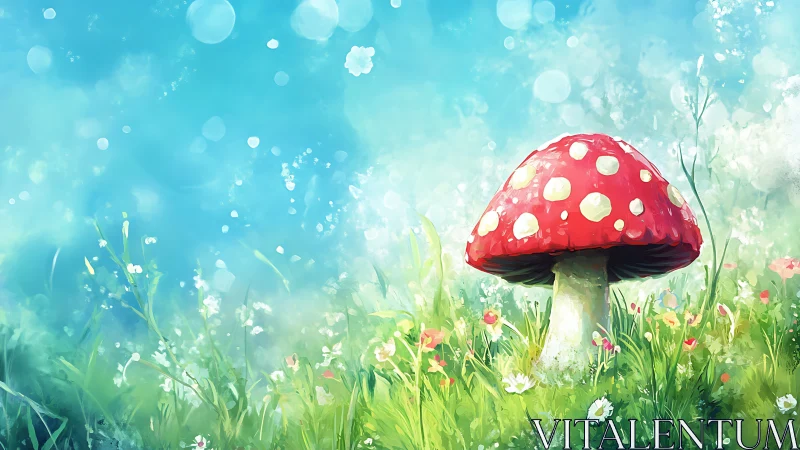 Sunny meadow toadstool dreaming under a watercolor sky.