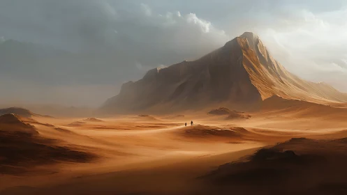 Vast sunlit desert landscape with towering rocky mountain.