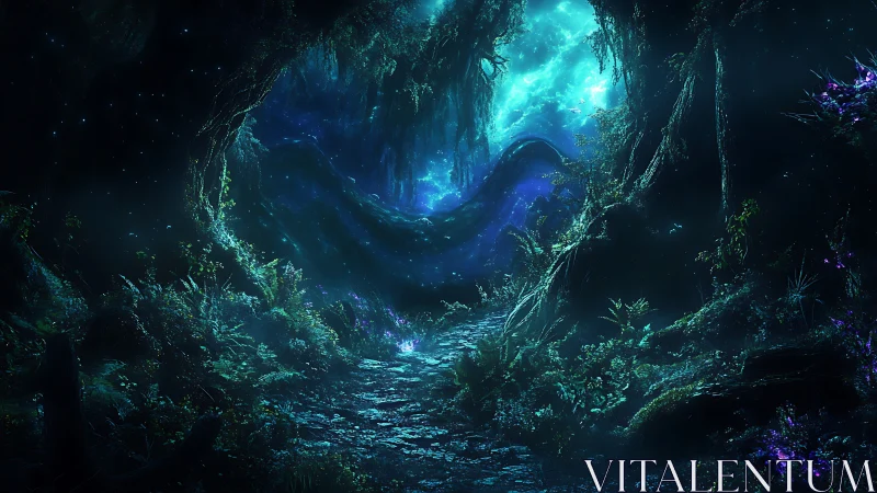 Luminous forest tunnel opening into glowing astral sky.