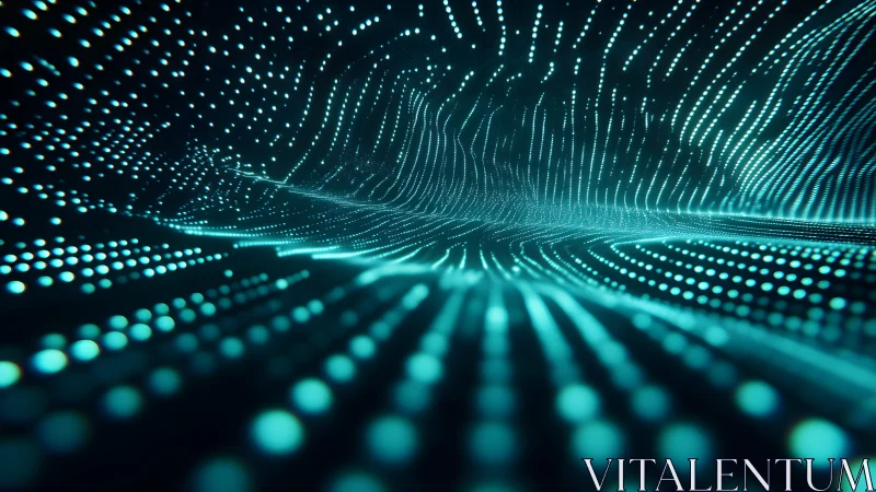 Abstract digital landscape with glowing teal dots and waves.