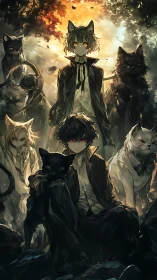 Mystical cat-eared friends gather in a glowing forest dusk.