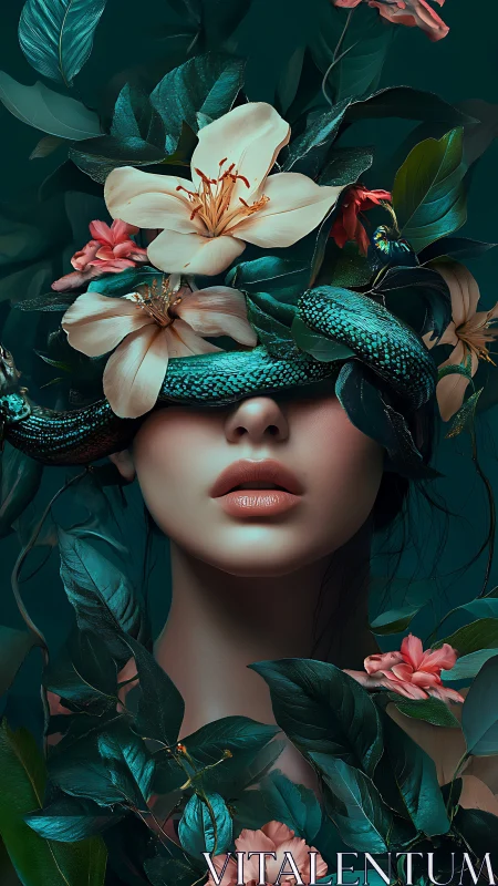 Serpentine muse entwined with lush teal foliage and blooms.