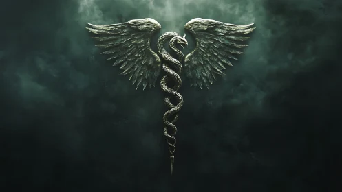 Winged serpent caduceus glows in storm-forged emerald gloom.