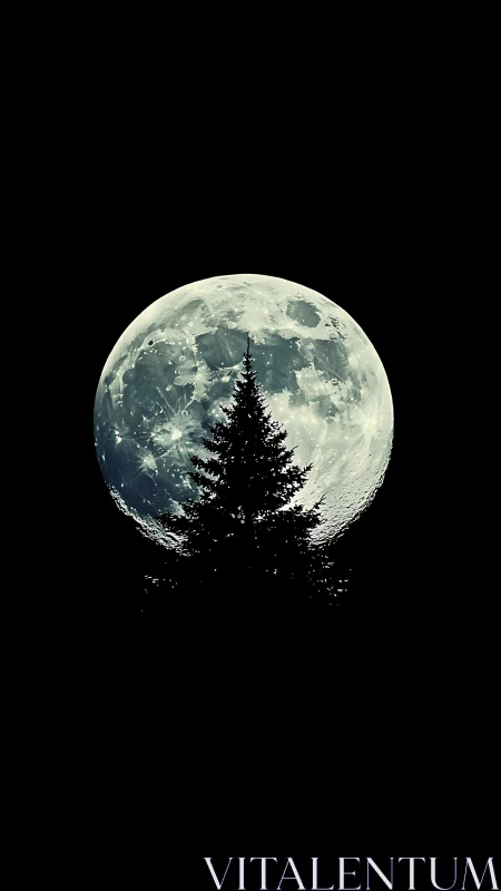 Moon rises behind conifer silhouette in centered vertical frame