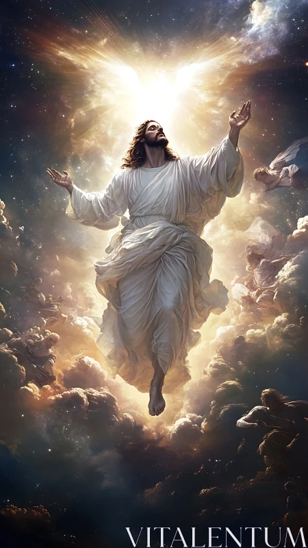 Radiant savior ascends through galaxies of burning dawn