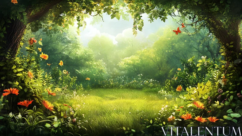 Sunlit forest clearing where wildflowers quietly sing.