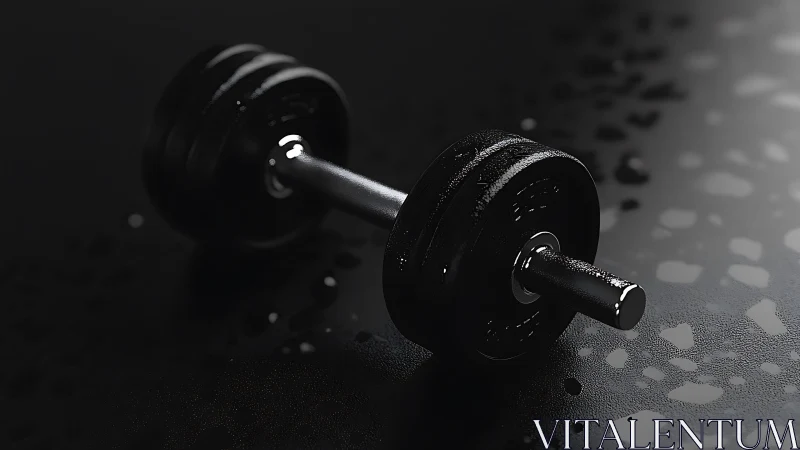 Black steel dumbbell rests on wet textured gym floor.