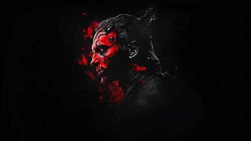 Red and black digital portrait of horned warrior profile