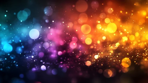 Vibrant abstract bokeh lights in rainbow colors, digital art style.