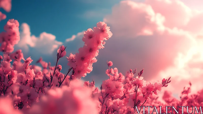 Pink Blossoms Against Cloudscape. Dawn.