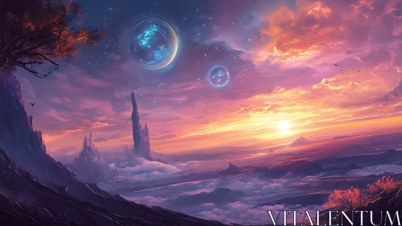 Twin moons over cotton clouds at a blazing violet dawn.