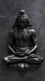 Black stone meditative deity sculpture on dark wall.