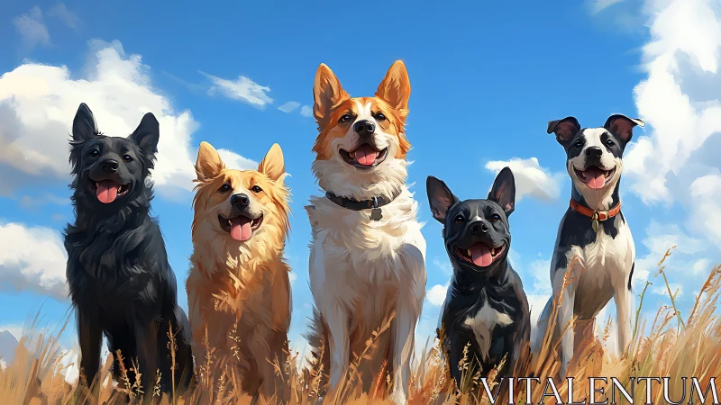 Sunlit canine chorus lined up under a laughing blue sky.