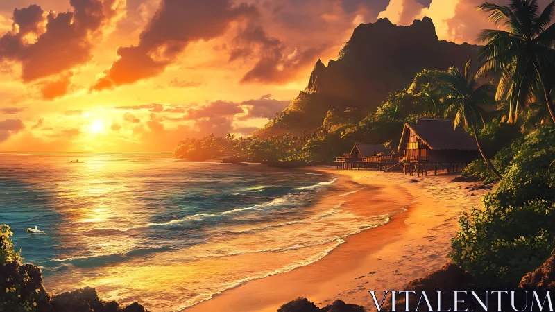 Golden tropical sunset bathes a tranquil island shoreline