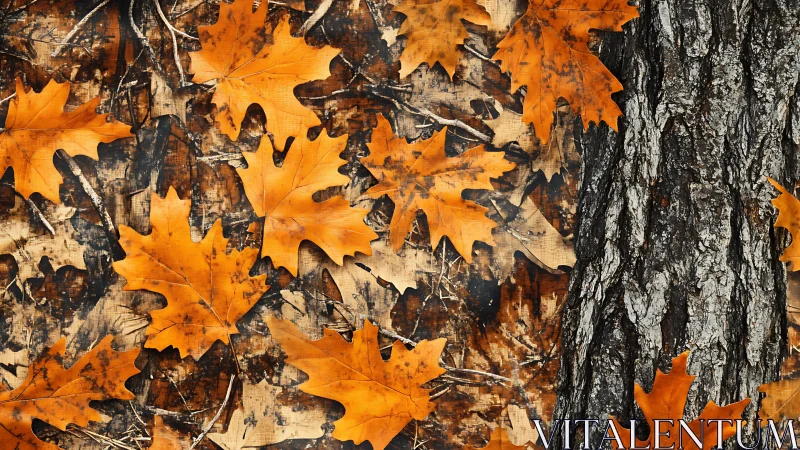 Burnt-orange autumn leaves scattered beside textured bark.