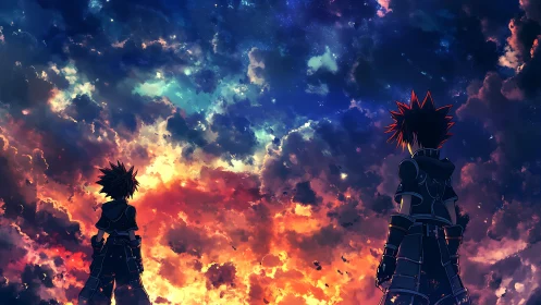 Two silhouetted figures under multicolored clouded sky.