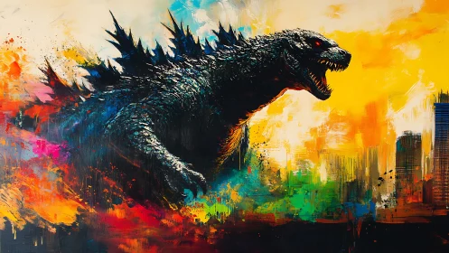 Colossal kaiju silhouette erupts through chromatic urban skyline