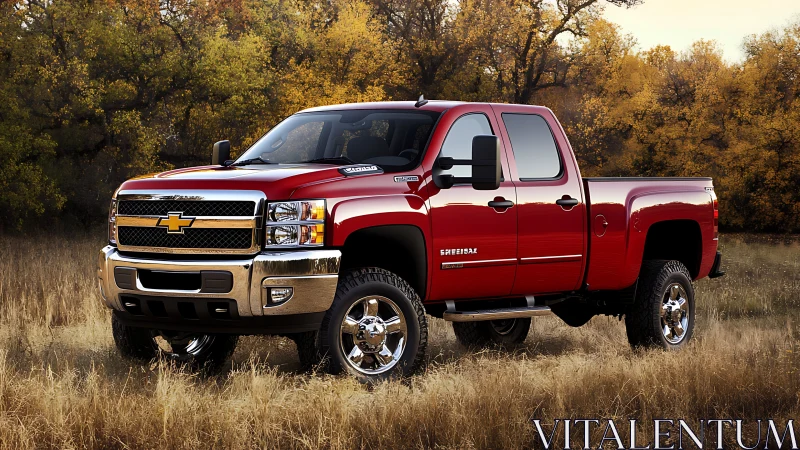 Red heavy-duty crew cab pickup with chrome detailing in autumn field