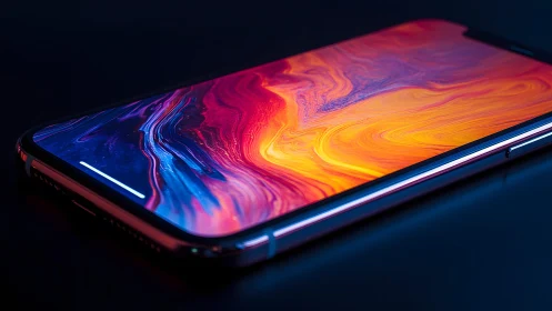 Vibrant smartphone with abstract colorful display in modern lighting.