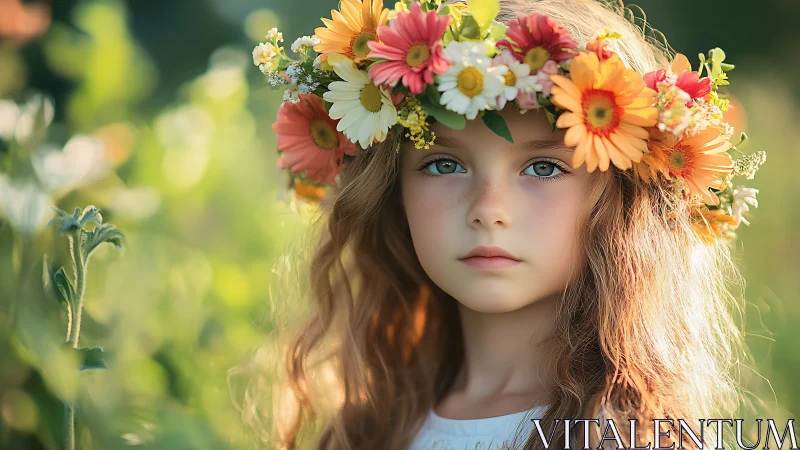 Summer meadow portrait of girl with vibrant flower crown.