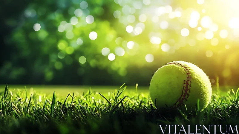 Macro closeup of neon tennis ball on sunlit grass field