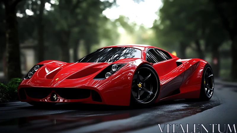 Red mid‑engine sports coupe on wet forested roadway.