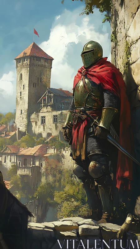 Armored knight stands guard above a sunlit medieval fortress