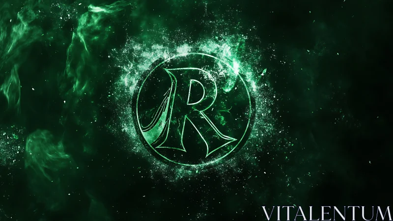 Glowing emerald letter R emblem in energetic nebula burst