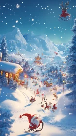 Snow-covered village depicts organized festive night activity